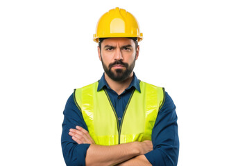 A serious bearded construction worker wearing a yellow hard hat and a bright yellow safety vest with arms crossed isolated on transparent background