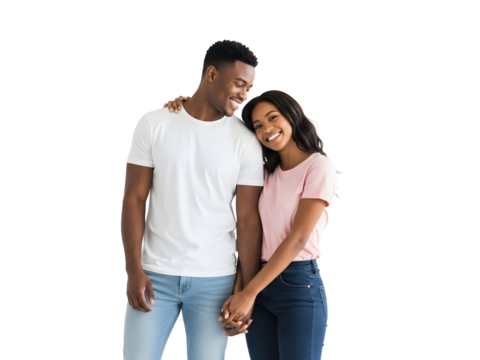 Happy young African American couple standing close, embracing affectionately and holding hands, radiating pure joy and a strong loving bond together against a solid black background - Powered by Adobe