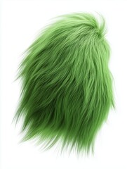 Smooth fluffy fur shape in vivid green color with long flowing strands and soft organic curves. Detailed macro texture isolated on white background, 3D rendering.