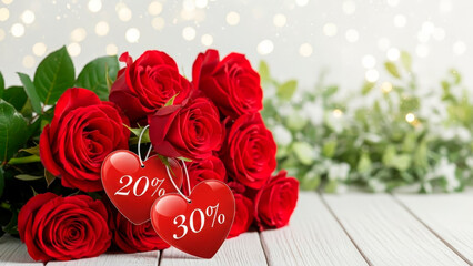 Bouquets of red roses are decorated with heart-shaped tags with twenty percent and thirty percent discounts. Discounts, sale in honor of Valentine's Day