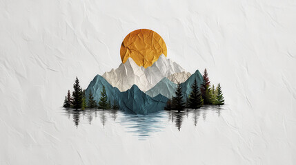 Mountain landscape with sun, trees, and water, showcasing beautiful nature scene in paper art style