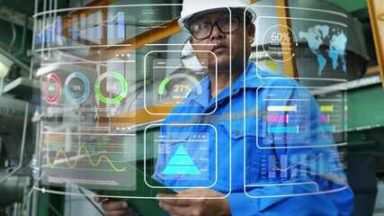 Engineers view data analyzed by an AI system on an industrial holographic screen. engineers analyzing ai data, holographic industrial screen, smart factory monitoring, digital twin technology,  - Powered by Adobe