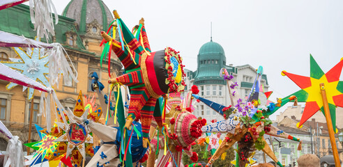 Christmas nativity scene with Ukrainian national Christmas star decoration