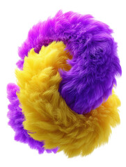 Two intertwined fluffy curved shapes in vivid purple and yellow colors isolated on neutral background. Soft macro of fur texture sculpture with surreal modern design..