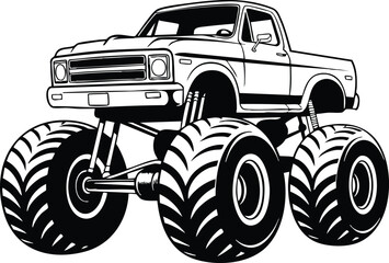 Monster Truck Graphic, Vintage Monster Truck Illustration, Pickup Truck with Huge Tires, Classic Monster Truck Design, Black and White Off-Road Vehicle, silhouette, vector, illustration © naeem