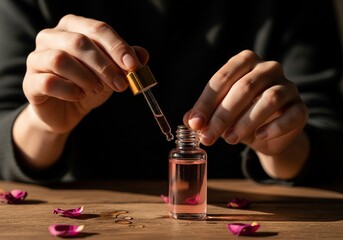 Hands using dropper with rose oil on wooden table 