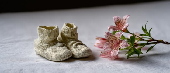 Soft knitted baby shoes placed next to delicate pink flowers on a light-colored cloth background during a calm morning setup