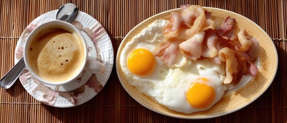 Delicious breakfast consisting of fried eggs, crispy bacon, and a cup of coffee on a bamboo mat in bright morning light, served in a cozy setting
