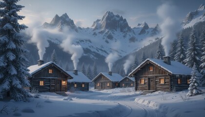 A quiet snowy mountain village with warm cabin light in winter evening suggesting tradition comfort and remote living