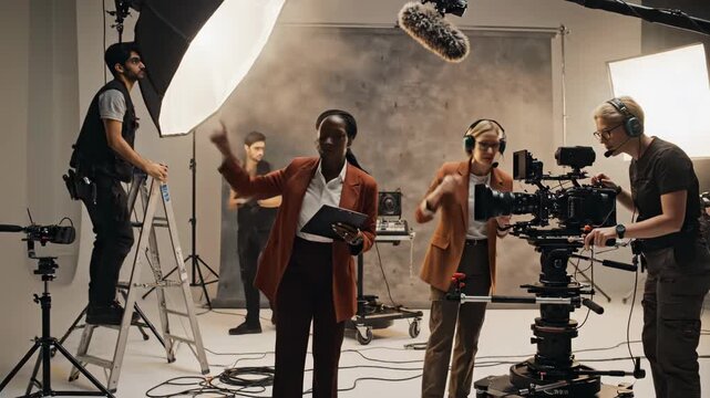 Behind the scenes of a movie production with a diverse professional crew. Female director instructs the cameraman while technicians adjust lighting and sound equipment