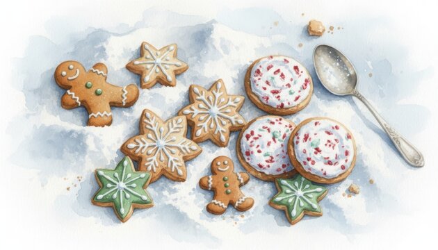 Assorted christmas cookies with gingerbread stars and peppermint frosting scattered on snow symbol of sharing joy and festive holiday treat ritual - Powered by Adobe
