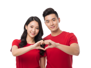 Happy young Asian couple showing love and unity with their hands forming a heart shape, expressing affection and romantic connection against a clean background, symbolizing partnership and emotional