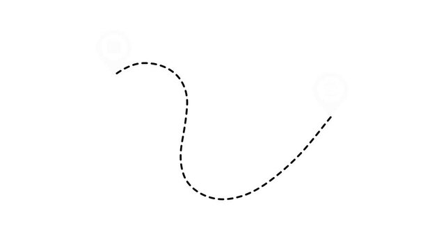 Animated black dashed curved line representing a travel route navigation path or connection between two locations on a clean white background.
