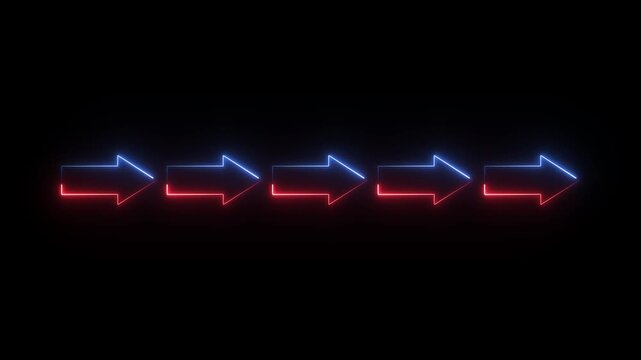 a row of five stylized arrows in a stock video format. The arrows are rendered with a neon glow effect, split between blue on the top and red on the bottom. 
