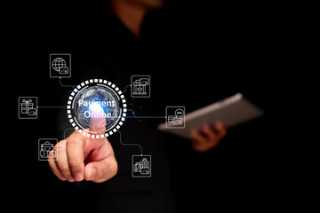 Obraz premium A hand touching a digital interface displaying online payment options, symbolizing modern financial transactions and technology.