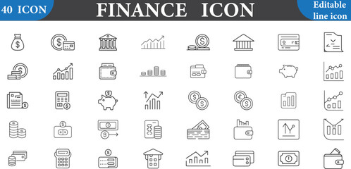 Collection of finance and business related line icons for various financial concepts