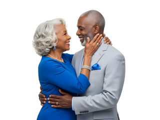 A radiant African American senior couple elegantly embracing and smiling, celebrating their enduring love and genuine happiness with an affectionate connection in a timeless studio portrait