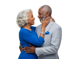 A radiant African American senior couple elegantly embracing and smiling, celebrating their enduring love and genuine happiness with an affectionate connection in a timeless studio portrait
