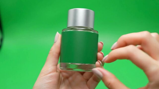 Hands presenting a blank green label perfume bottle mockup against a vibrant chroma key background for easy editing
