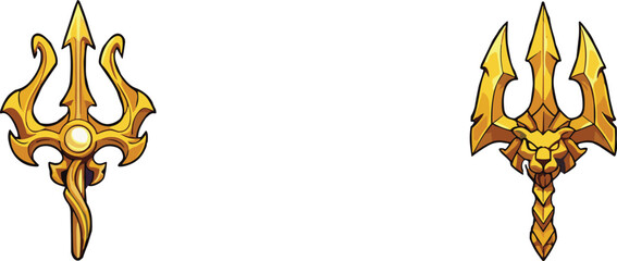 Golden fantasy trident pair featuring ornate mythical weapon designs with decorative blades, heroic detailing, and powerful magical themes for creative illustration projects.