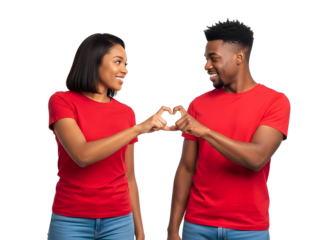 Smiling young diverse couple wearing red shirts making a heart symbol with their joined hands expressing heartfelt love unity and strong emotional connection on a simple dark backdrop