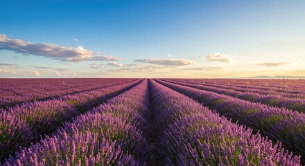 Fototapeta premium Lavender Field at Sunset: Rows of Purple Flowers Under Blue Sky