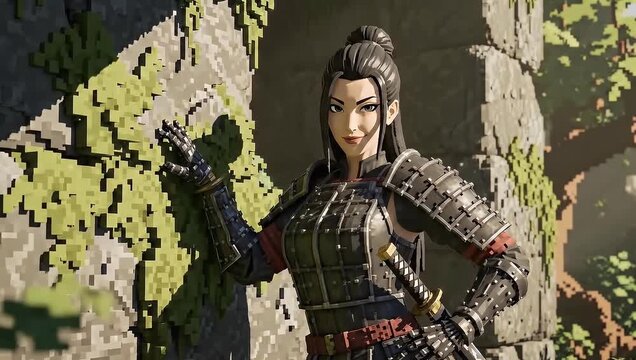 Fierce Female Warrior in Detailed Armor - Dynamic Pose and Intense Gaze for Game Assets Fantasy Illustration or Character Design Projects