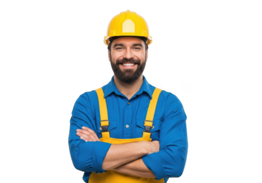 Smiling construction worker wearing a yellow hard hat and blue shirt with yellow overalls arms crossed isolated on transparent background - Powered by Adobe