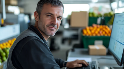 A focused worker efficiently manages inventory using the computer, seamlessly balancing digital tasks with fresh produce management in a vibrant, fast-paced environment.