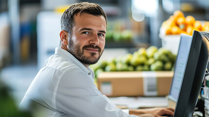 Focused grocery worker manages inventory at the computer, with a friendly glance over his shoulder amidst fresh produce. Efficiency meets personalized service.