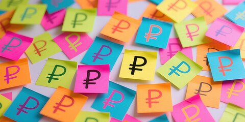Sfondo con post-it colorati raffiguranti il simbolo della moneta della Federazione Russa, Rublo