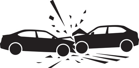 Two Black Car Silhouettes Colliding With Debris On White Background car crash accident