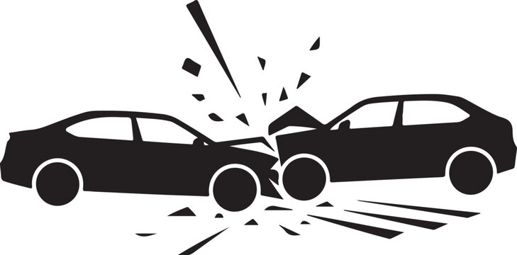 Two Black Car Silhouettes Colliding With Debris On White Background car crash accident