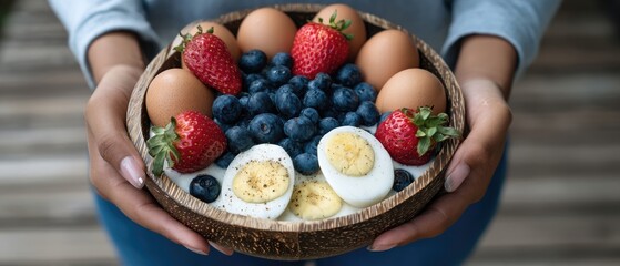 Colorful bowl of fresh fruits and eggs held by hands indoors with wooden surface