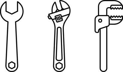 Set of outline wrench tools including open-end wrench, adjustable spanner, and pipe wrench in clean black line art for technical illustrations.