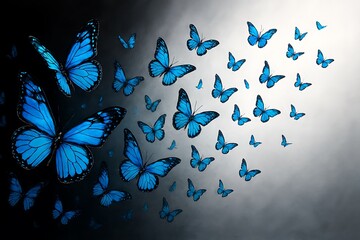 Blue butterflies dispersing into a gradient background