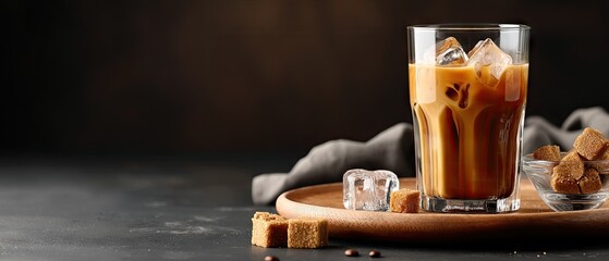Refreshing iced coffee served in a glass with ice, accompanied by sugar cubes on a wooden platter and a bowl, perfect for warm days or coffee lovers