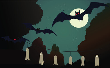 A night spooky  with ghosts and flying bats. Vector stock