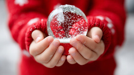 Child hands holding, magical Christmas snow, globe festive winter, wonderland scene inside, holiday gift display, seasonal magic moment, childhood wonder capture, faceless child ha