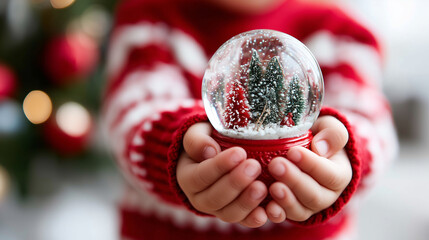 Child hands holding, magical Christmas snow, globe festive winter, wonderland scene inside, holiday gift display, seasonal magic moment, childhood wonder capture, faceless child ha