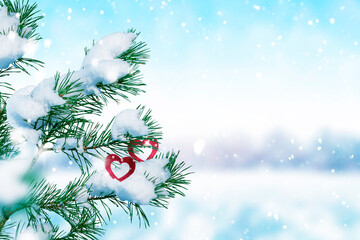 Christmas. falling snow in the forest. Landscape with trees. Valentine's Day greeting card. heart. 14 February.