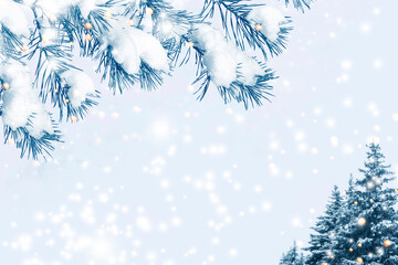 Happy New Year card. Landscape with a tree in cold snowy weather. Fluffy snow. Natural pattern.