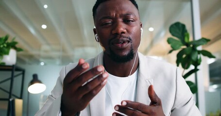 Face, earphones and businessman talk in video call for question, insurance webinar or laugh. Portrait, virtual meeting and POV of happy African broker in online conference, policy and joke in office