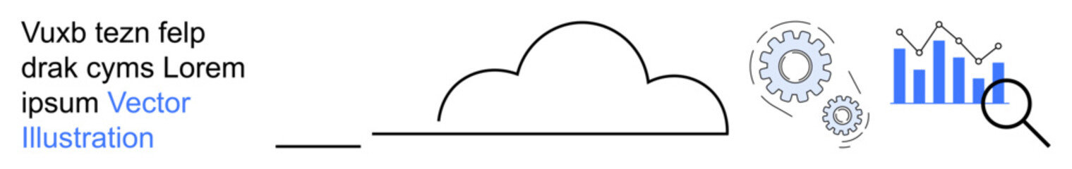 Technology development, data processing, cloud storage, business analytics, IT services, machine learning. Cloud, gear cogwheels magnifying glass analytics bar graphs. Cloud storage and data