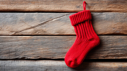 empty red Christmas Sock hung on a wooden wall, warm colors, soft contrast