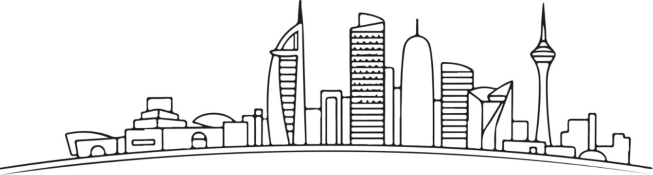 Minimal curved Qatar Corniche line-art skyline, flat vector, clean outline, white background, modern Doha waterfront design
