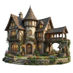 Fototapeta premium dyllic Fantasy Medieval Stone Cottage with Round Tower and Flower Garden