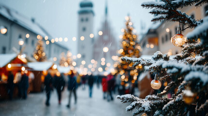 Obraz premium Background snowfall enveloping, festive Christmas market, blurred silhouettes wandering, decorated fir trees, twinkling lights soft, church looming historic, seasonal market atmosp