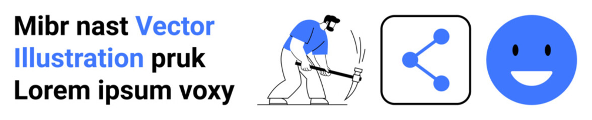 Mining, teamwork, digital connections, social media, interface design, productivity. A man using a pickaxe, blue share symbol and happy face. Mining and teamwork concept