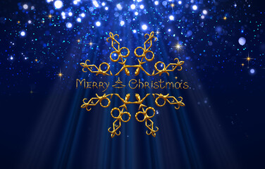 Merry Christmas handwritten lettering inscription and snowflake isolated on blur bokeh background.